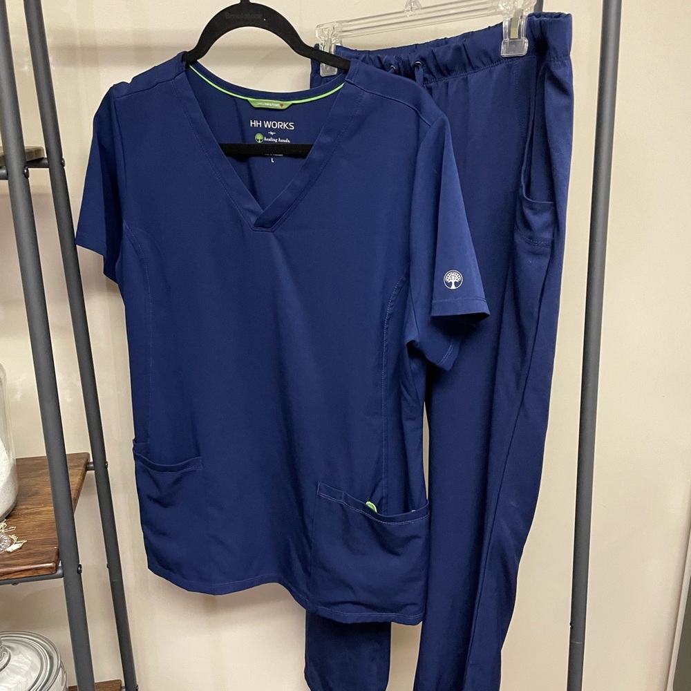 Navy Blue Healing Hands Rebecca Pants with matching top.